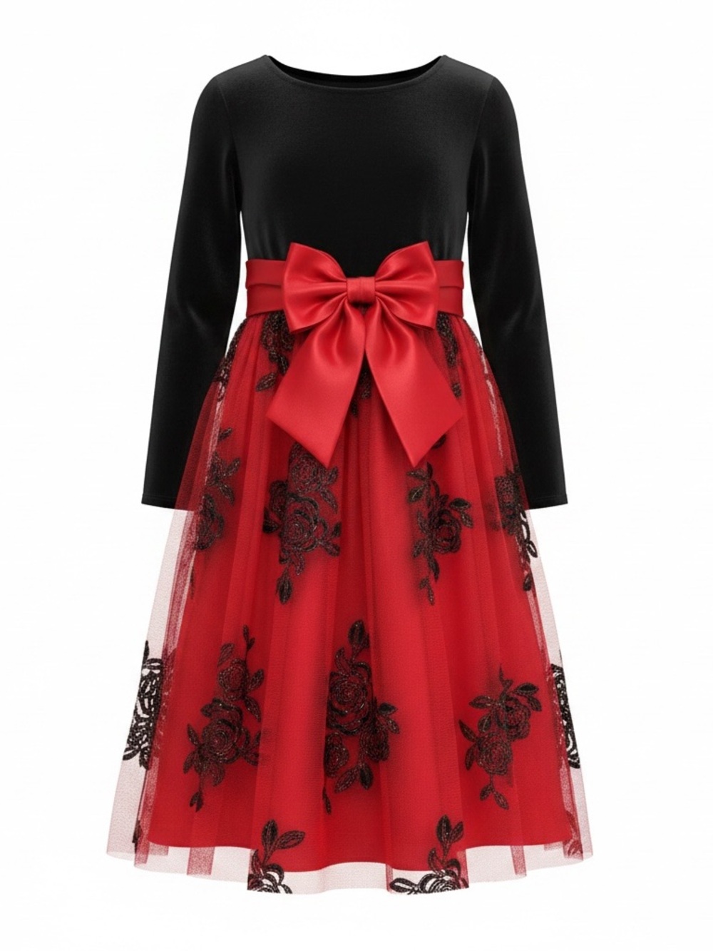 Kid's Black and Red Floral Dress with Bow Designed BY RARE EDITIONS 4T